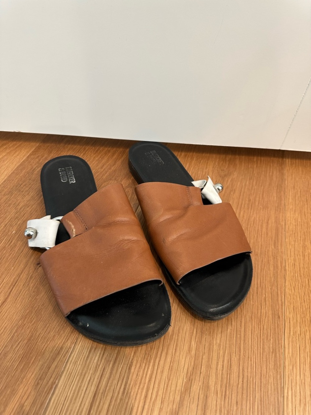 Brown Leather Slide Sandals with Black Footbed